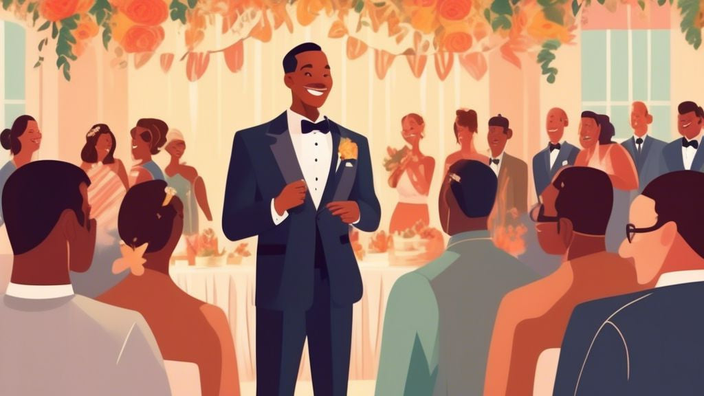 An illustration of a confident man delivering an engaging best man speech at a beautifully decorated wedding reception, with an audience visibly moved and smiling, under soft, warm lighting.