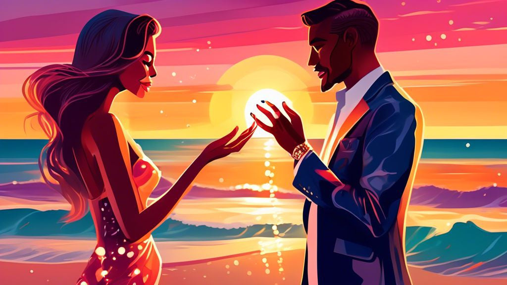 A glamorous couple enjoying a romantic sunset on the beach, with the woman showcasing her sparkling diamond engagement ring styled with elegant beachwear accessories.