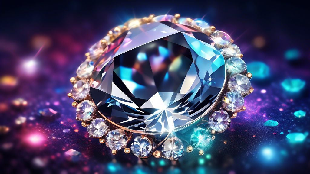 A visually stunning infographic showcasing the versatile uses of Moissanite, including jewelry, industrial applications, and advancements in technology, all encircled by sparkling Moissanite crystals against a cosmic background.