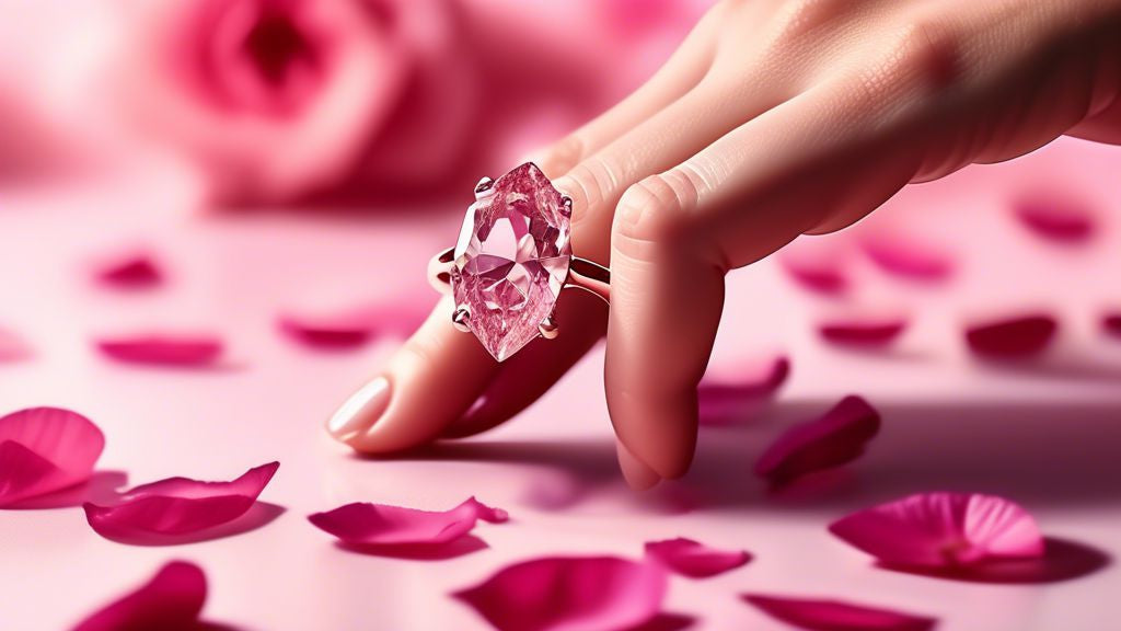 A close-up image of a hand wearing an exquisite pink diamond ring, with soft light reflecting off the facets of the gem, against a background of scattered rose petals.