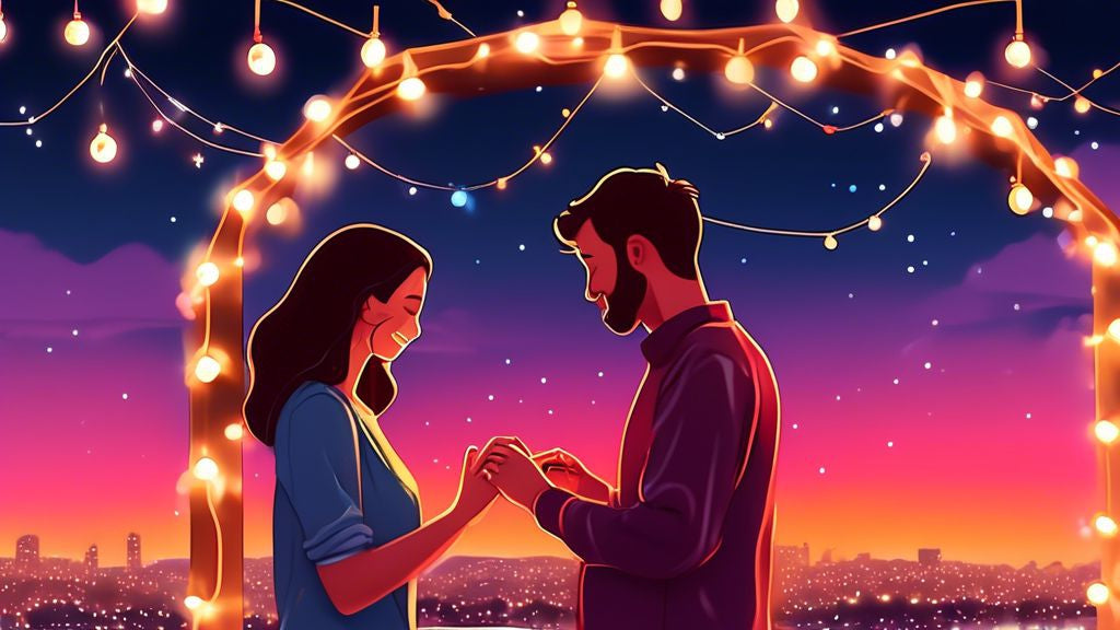 A couple exchanging a garnet engagement ring under a canopy of twinkling fairy lights with a backdrop of a sunset skyline.