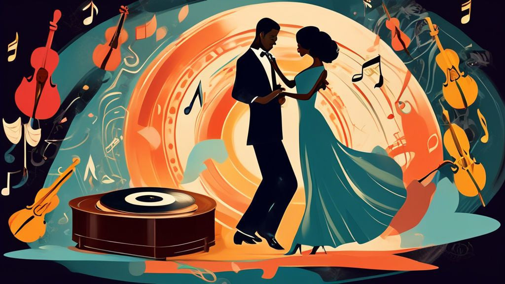 An elegant couple dancing on a vintage vinyl record surrounded by classical musical instruments and floating musical notes, with a backdrop of a softly lit, romantic wedding ceremony setting.