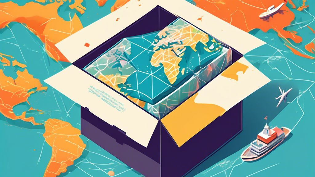 An illustrated guidebook cover showcasing a moissanite gem securely packaged inside a delivery box, floating across a stylized global map, highlighting easy and safe shipping routes to various destinations.