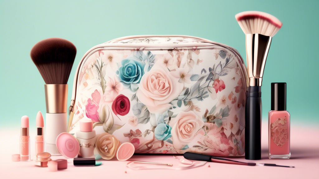 An elegantly designed makeup bag adorned with wedding motifs and filled with bridal makeup essentials, set against a romantic, soft-focus background.