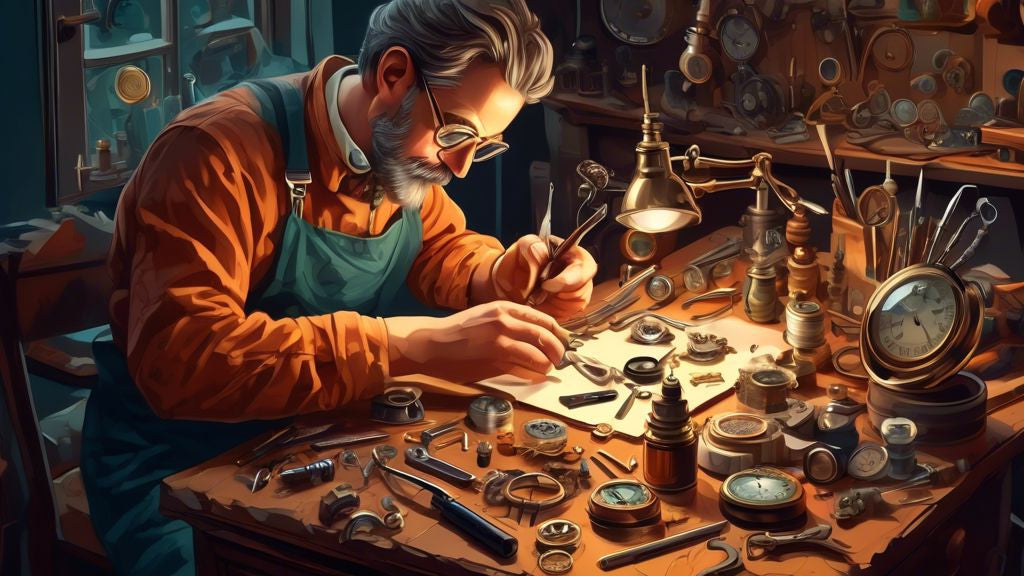 Detailed illustration of a watchmaker delicately repairing an intricate vintage watch, surrounded by various tiny tools and magnifying glasses, in a cozy, well-lit workshop