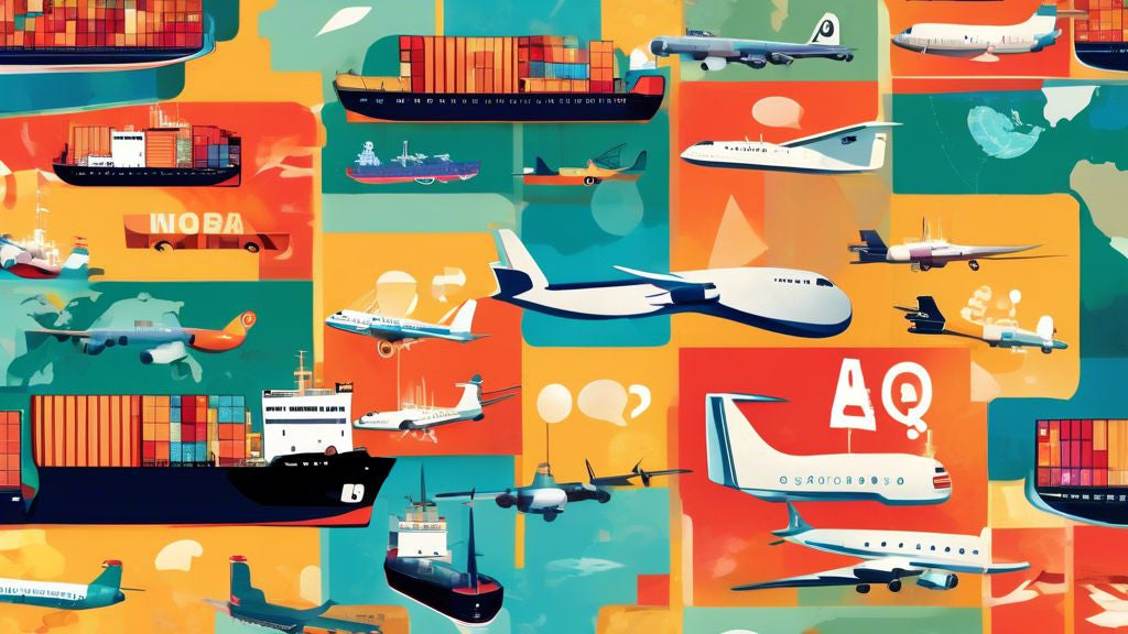 An illustrated collage of diverse shipping containers, delivery trucks, cargo ships, and airplanes surrounded by question marks and FAQ text bubbles against a global map background.