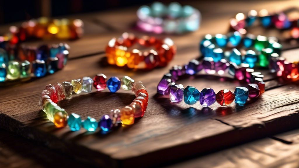 An array of colorful crystal bracelets intricately designed and laid out on a rustic wooden table, with a soft, glowing light highlighting their vibrant colors and unique patterns, surrounded by scattered gemstone information cards.