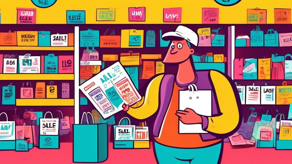 A cartoon illustration of a puzzled shopper holding a sales flyer and a layaway contract, standing in a colorful store, with question marks above their head and items with sale tags around them.