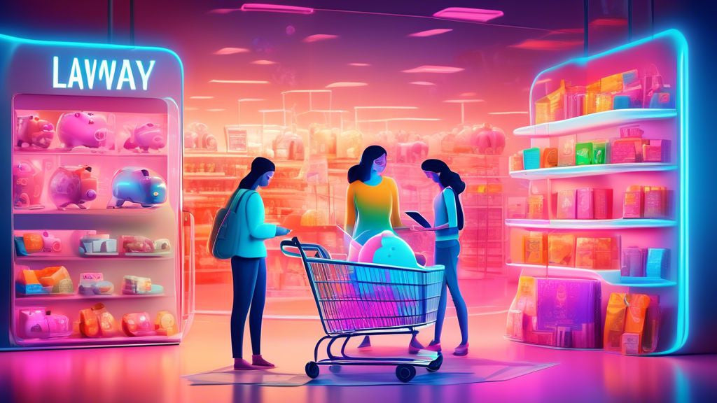 An illustration of a cheerful family examining a digital layaway plan interface on a tablet, with a shopping cart full of goods and transparent piggy bank in the foreground inside a glowing, futuristic store setting.