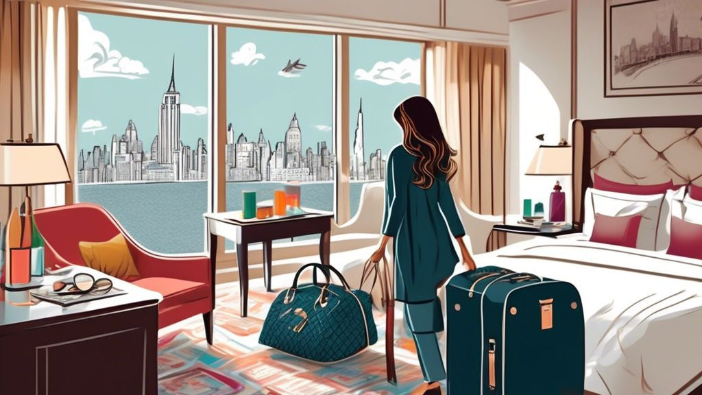 A stylish traveler unpacking the Baggallini Fifth Avenue Weekender bag in a luxurious hotel room, with famous landmarks from around the world visible through the window.
