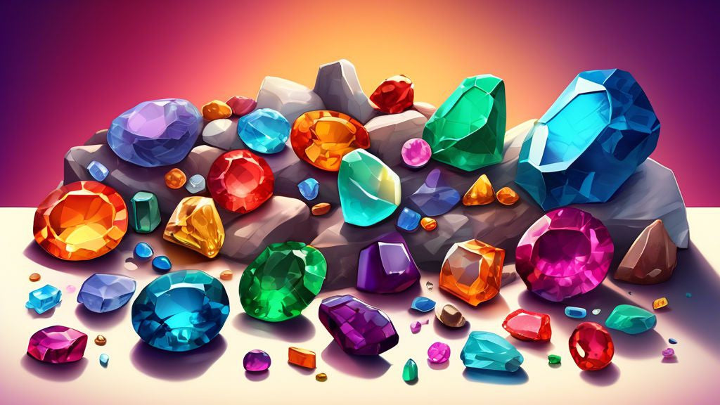 An illustrated guidebook opened to a vibrant page displaying a colorful array of gemstones, each labeled with its name, resting on a backdrop of a beginner miner's toolkit, under soft, illuminating light.