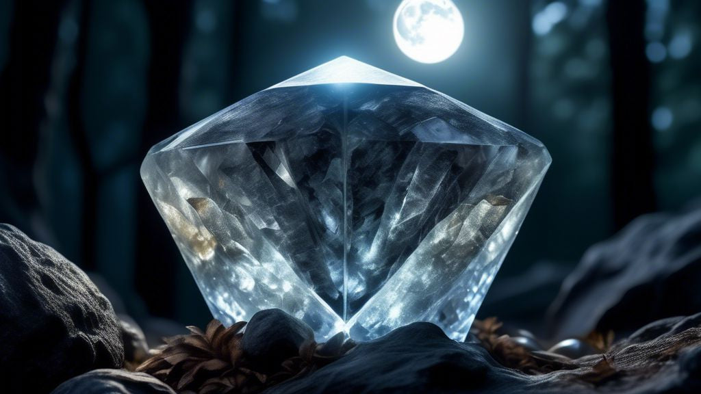 An up-close, hyper-realistic illustration of a glowing Monzonite Diamond, encased in rough stone, under the light of a full moon in a mystical forest setting.