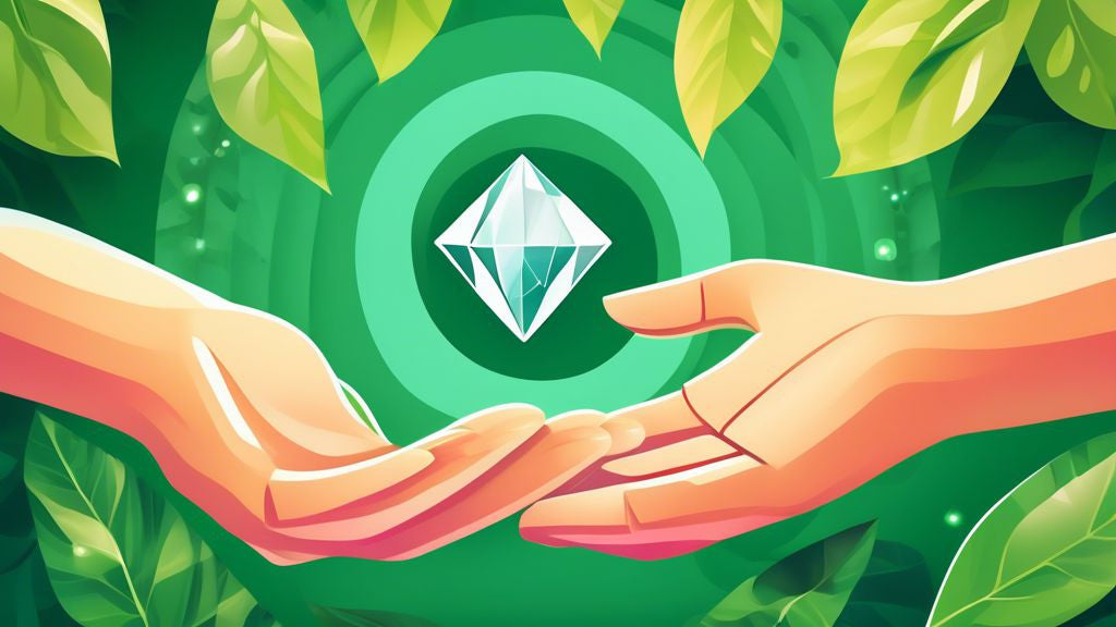 An elegant pair of hands presenting a sparkling lab-grown diamond on a background of ethical certificates and green leaves, symbolizing eco-friendliness and affordability.