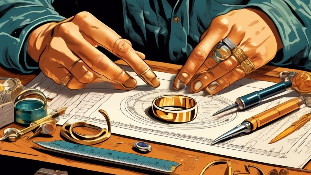 A detailed illustration showing a jeweler's hands measuring a gold ring with precision tools on a workbench, surrounded by a ring sizing chart and guidebook, with a magnifying glass and various ring sizes displayed in the background.
