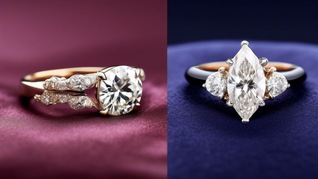 An elegant side-by-side comparison of a glittering moissanite and a sparkling diamond, set on a luxurious velvet background, with a magnifying glass focusing on their unique characteristics.