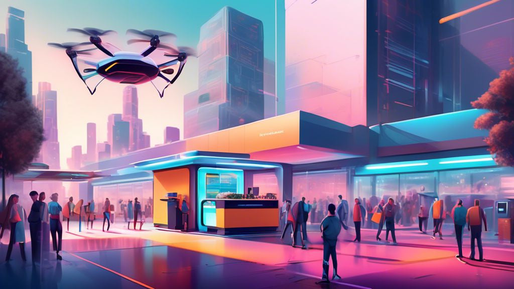 Digital illustration of a futuristic, automated package pickup station bustling with people and autonomous drones, set against a cityscape, showcasing a smooth and convenient package retrieval process.