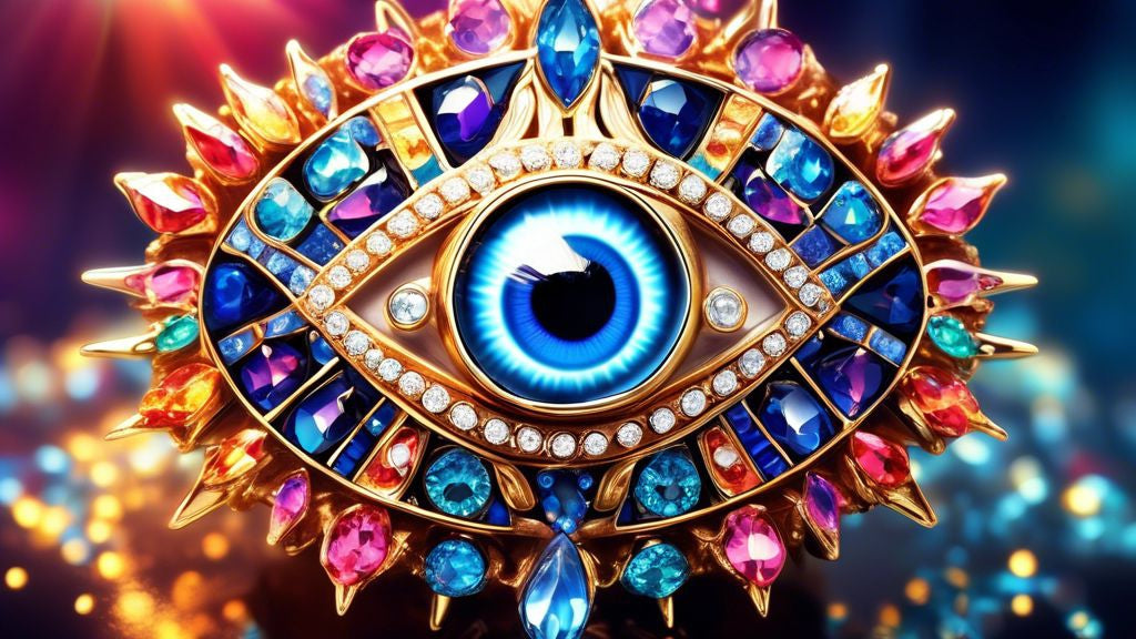 An intricate piece of jewelry featuring an evil eye charm surrounded by vibrant crystals, with rays of light reflecting off its surface, symbolizing protection and fascination.