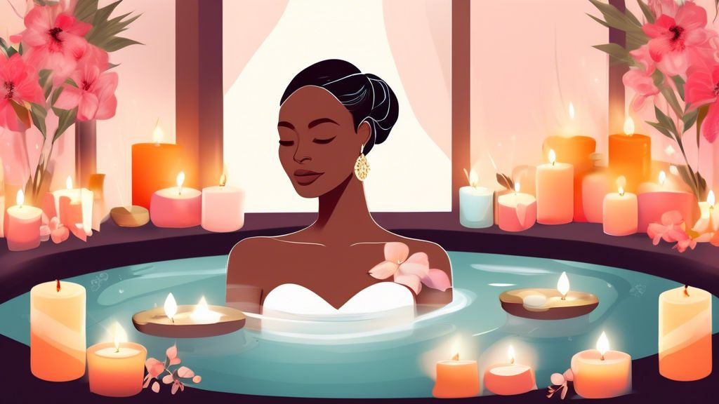 An elegant bride with luminous skin sitting in a luxurious spa receiving a gentle, pampering pre-wedding facial treatment surrounded by scented candles and soothing botanicals.