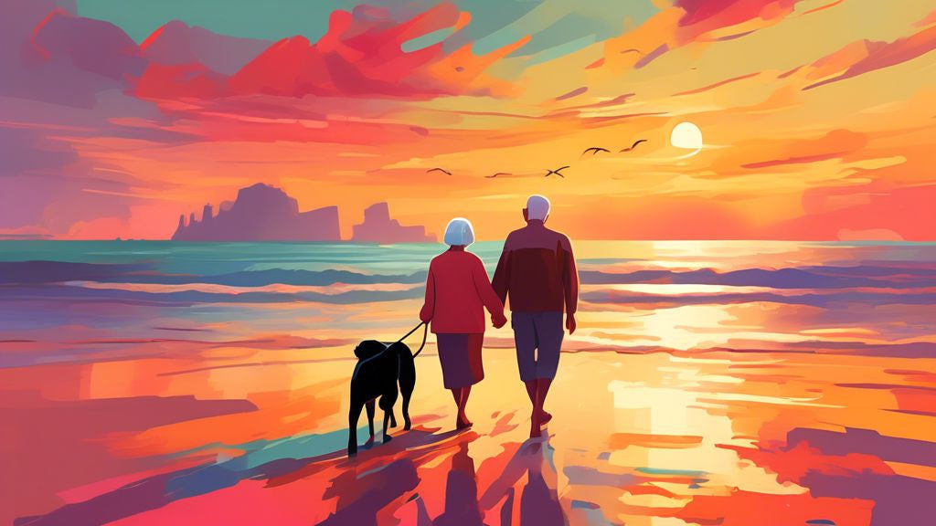 A picturesque sunset view at the beach with an elderly couple, Glen and Sainsbury, holding hands and walking with a Labrador retriever, encapsulating the essence of their heartwarming journey of real love.