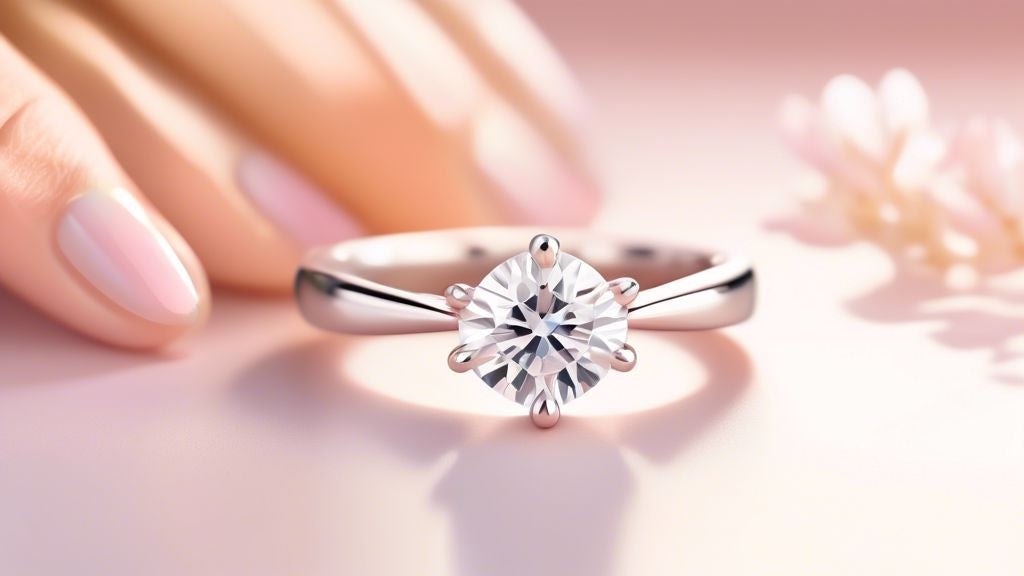 An elegant hand wearing a perfectly fitted moissanite ring, with a visual step-by-step sizing guide chart in the background, illustrated in soft, pastel colors.
