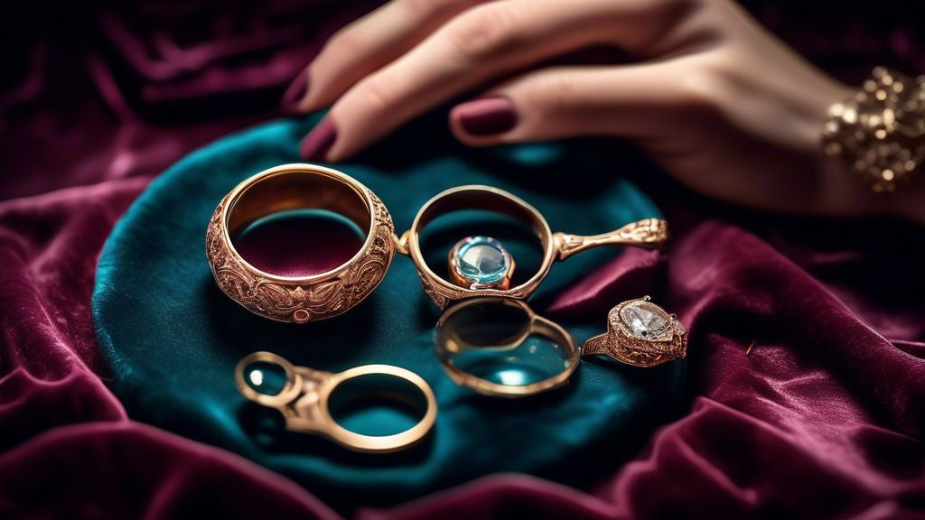 An elegant hand holding a magnifying glass over a selection of intricate engagement ring settings laid out on a luxurious velvet surface, under soft, romantic lighting.