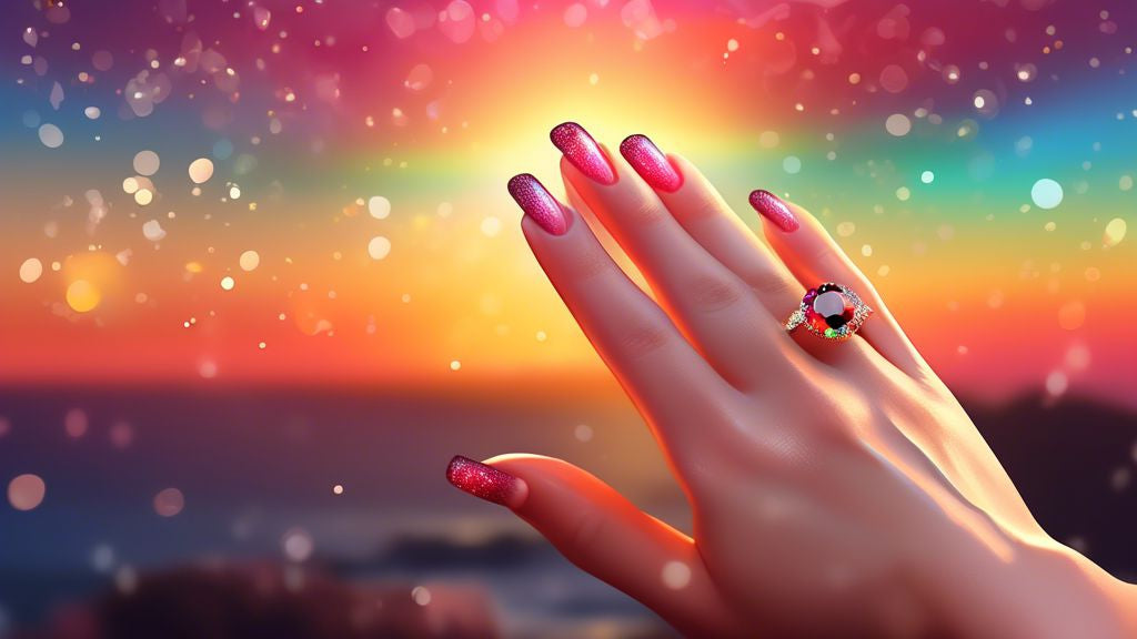 An elegant hand presenting a garnet engagement ring with cascading rainbow sparkles against a romantic sunset backdrop.