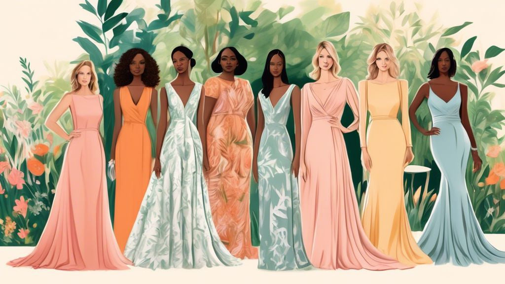 An elegant showcase of diverse Amazon mother of the bride dresses, spotlighting various styles and silhouettes on a runway set against a lush garden backdrop.