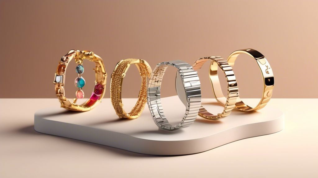 A collection of trendy and stylish bracelets for 2023, showcasing a range of materials from gold, silver to eco-friendly, on a sleek display stand under soft, elegant lighting.