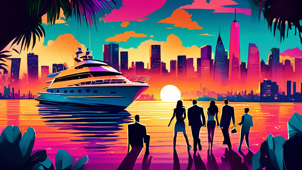 A colorful, lively scene of a group of friends embarking on a luxury yacht for a sunset cruise, with a backdrop of a vibrant city skyline, capturing the essence of an unforgettable bachelor party.