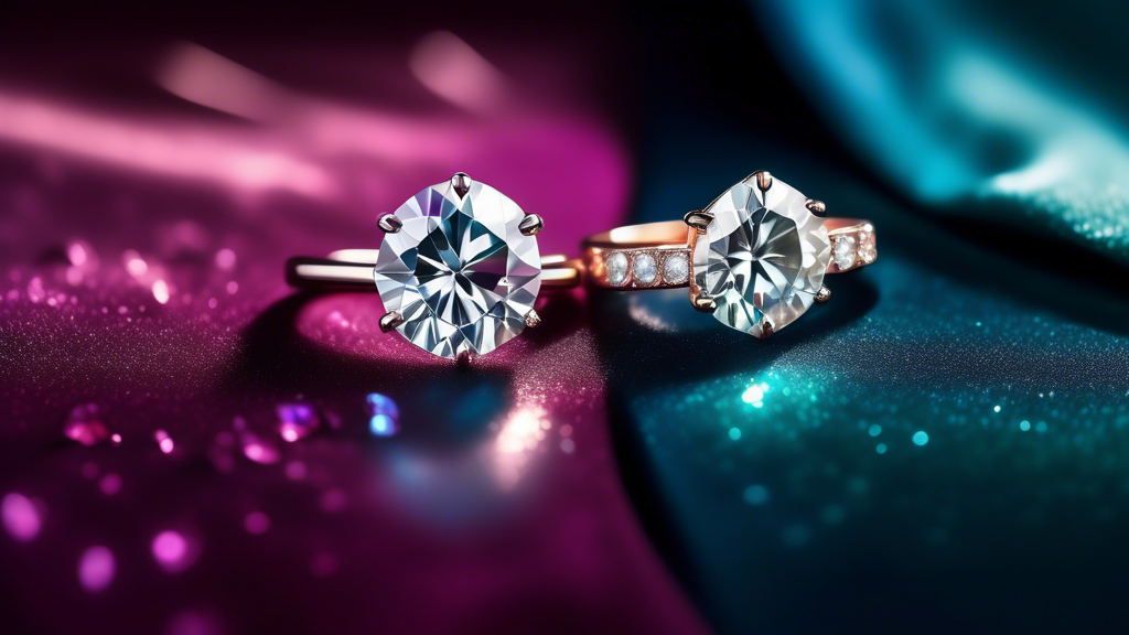 Close-up comparison of a moissanite gemstone and a lab-grown diamond under a spotlight, showcasing their sparkle and shine, on a luxurious velvet background.