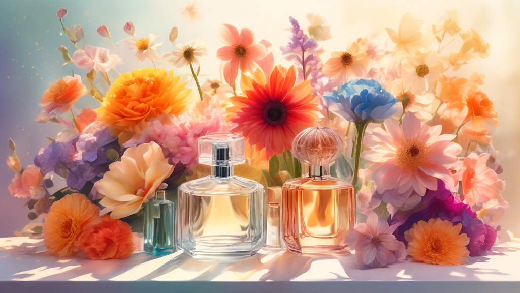 An elegant composition of diverse, vibrant flowers in full bloom, with delicate perfume bottles nestled among the petals, radiating a soft, ethereal glow under a gentle morning sunshine.