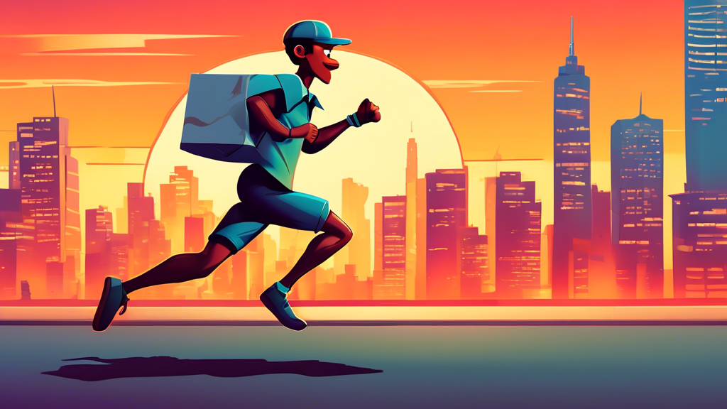 An illustration of a cartoon delivery person sprinting with a package, a stopwatch in the background showing record time, against a city skyline at sunset.