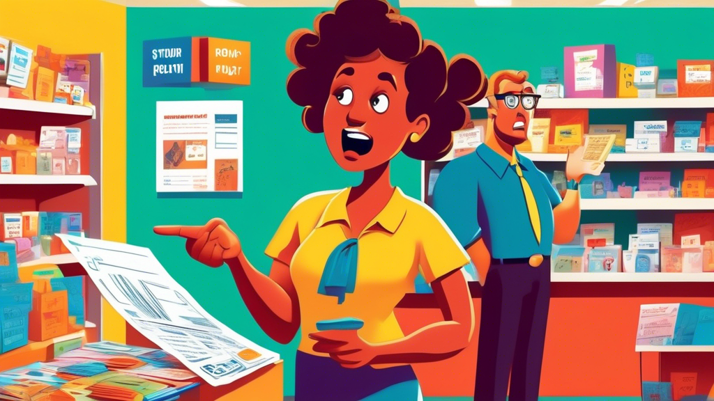 A cartoon customer service representative explaining a return policy to a puzzled shopper, with a giant receipt and a question mark in the background, in a brightly colored store setting.
