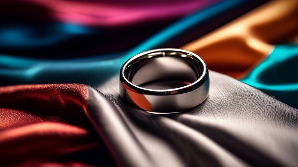 An elegant tungsten carbide ring resting on a silky cloth with a hammer suspended above it, showcasing durability, in a luxurious and minimalistic setting.