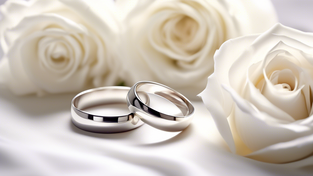 Two silver wedding rings intertwined with a background of white roses, symbolizing affordable elegance, in a soft-focus romantic setting.