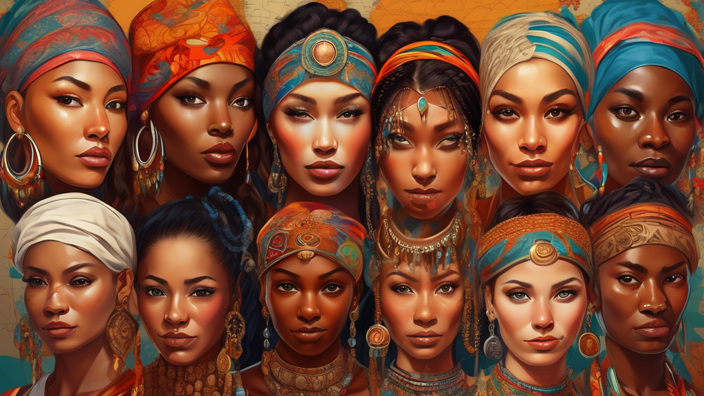 An elegant digital painting showcasing a diverse array of people from different cultures, each wearing unique and symbolic nose rings, set against a background of a world map adorned with traditional patterns.