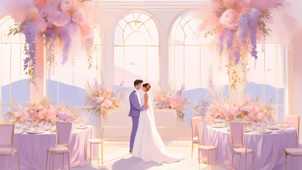 An elegant wedding scene set in June, adorned with a color palette featuring soft pastel pinks, gentle lavenders, and subtle hints of gold accents, encapsulating the essence of romance and summertime joy.