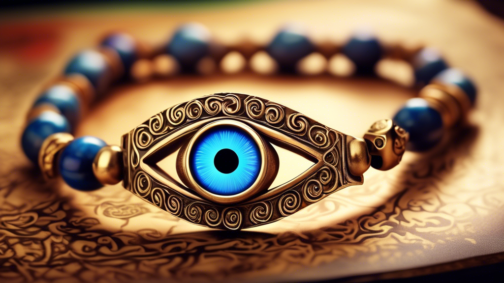 A mystical and beautifully detailed evil eye bracelet glowing with a powerful aura on an ancient scroll background, symbolizing protection and strength.