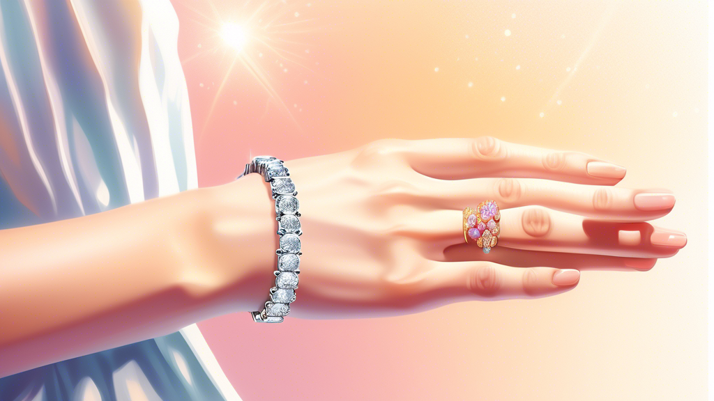 An elegant, detailed illustration of a slender hand wearing a sparkling diamond tennis bracelet, capturing the radiant light reflecting off each gemstone, set against a soft, luxurious background that emphasizes its timeless appeal.