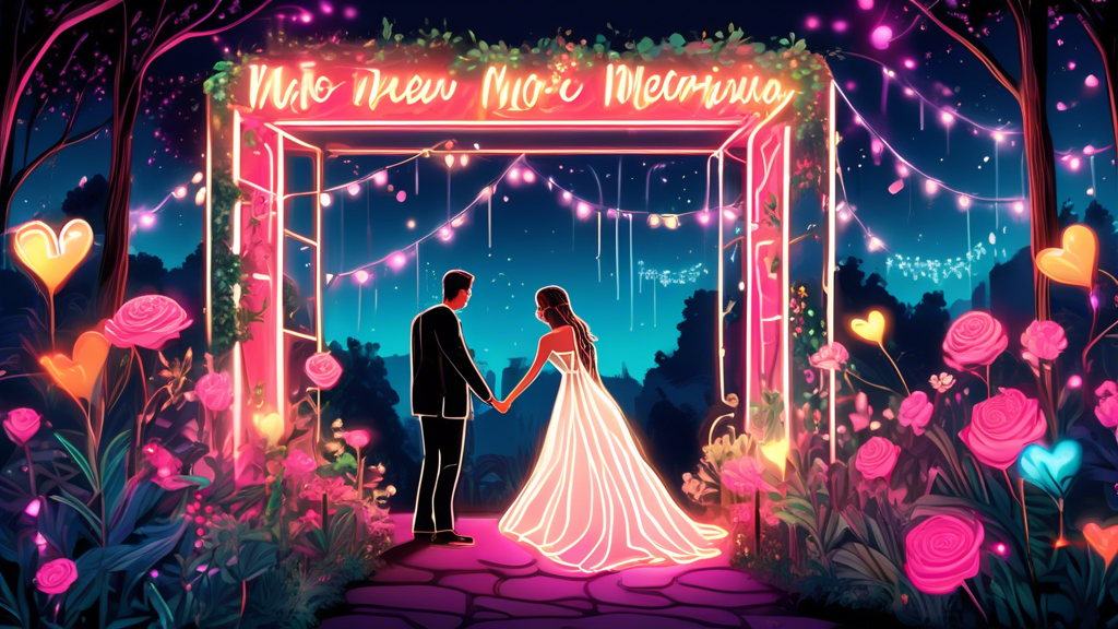 Create an image of a romantic evening wedding scene, beautifully illuminated by an array of custom neon signs featuring love-inspired quotes and the names of the bride and groom, set in a lush garden with twinkling fairy lights in the background.