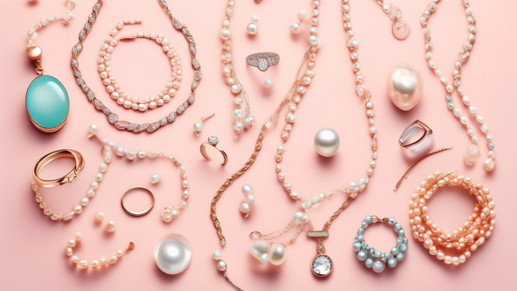 An elegant collage showcasing a variety of timeless and trendy women's jewelry, including pearl necklaces, diamond earrings, statement bracelets, and minimalist rings, set against a chic, pastel background.