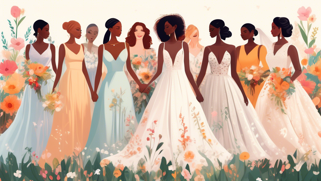 A diverse group of elegant brides holding hands in a sunlit garden, each wearing a unique and stunning dress inspired by real-life bridal showers, surrounded by colorful flowers and delicate decorations.