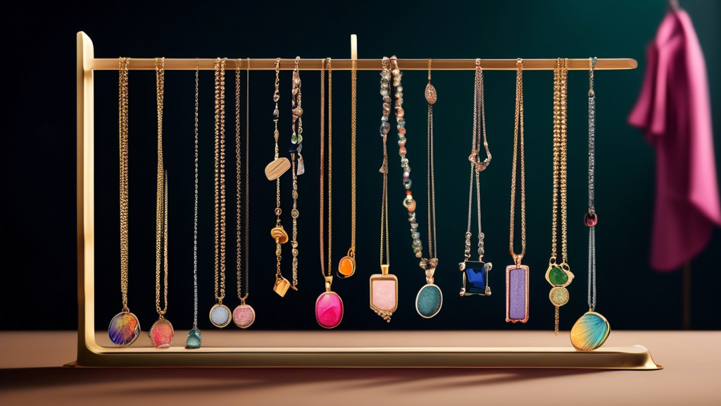 An elegant selection of bar necklaces on a plush velvet stand, with annotations indicating the latest trends and tips on choosing the perfect piece.