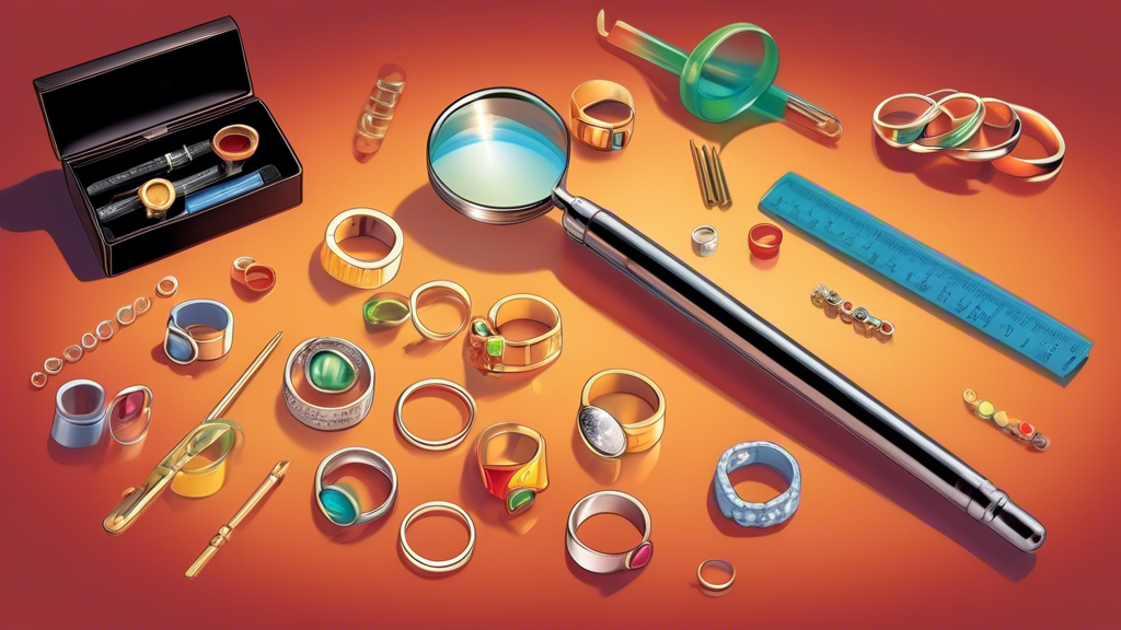 A detailed illustration showing a variety of ring sizers including metal ring sticks, plastic ring sizer belts, and ring sizer gauges, with a jeweler using a magnifying glass to accurately determine a ring size.