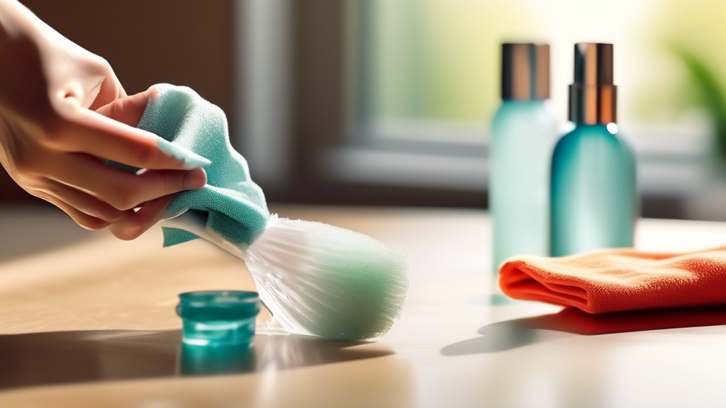 Close-up of a person's hand using a soft brush to clean a shining diamond ring under natural light, with eco-friendly cleaning solution bottles and a microfiber cloth in the background.