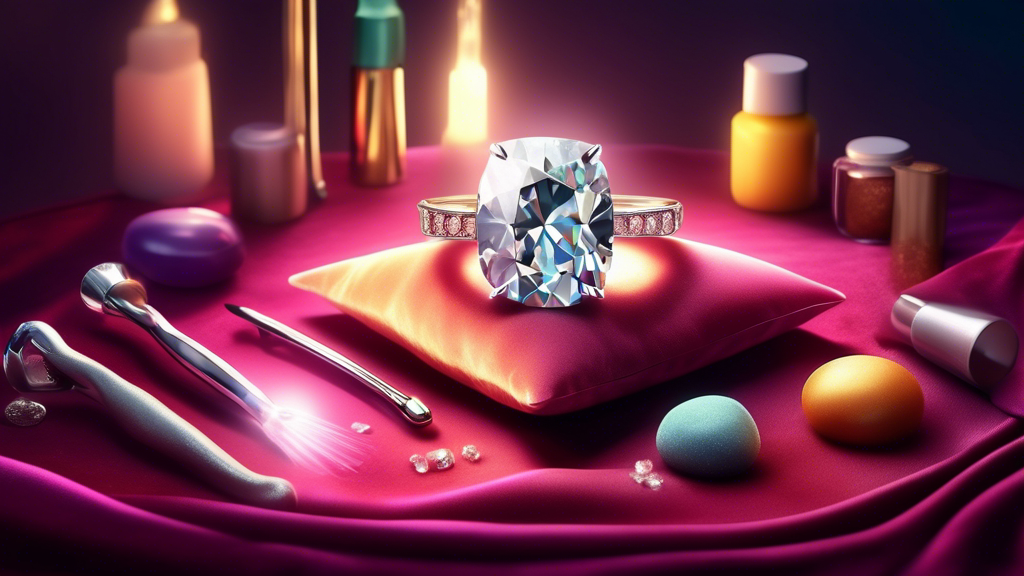 An elegant diamond ring glowing brilliantly on a soft velvet cushion, surrounded by easy-to-use cleaning tools and natural ingredients, with rays of light making the diamond sparkle intensely.