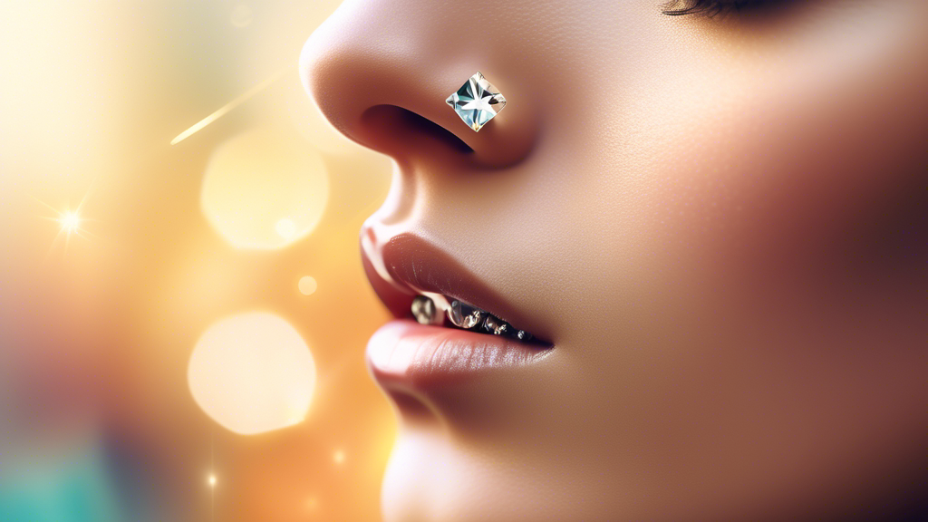 An elegant and close-up image of a person's nose adorned with a sparkling, perfectly cut diamond stud, showcasing different angles and light reflections, set against a soft, blurry background that emphasizes the beauty and precision of the diamond.