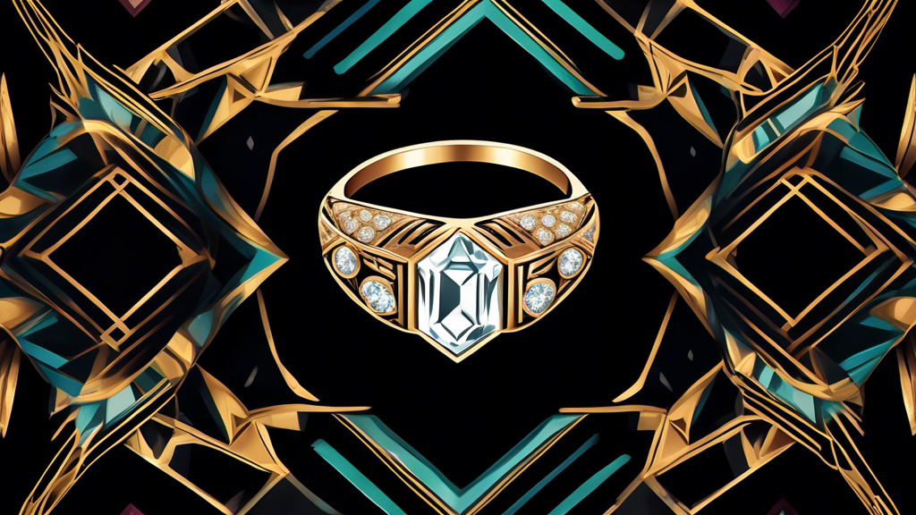 An elegant, close-up illustration of an Art Deco diamond ring, showcasing intricate geometric patterns and vintage glamour on a velvety black background.