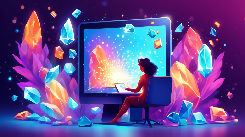 An artistic illustration showing a person joyfully registering on MoissaniteCo's website through a glowing computer screen, surrounded by sparkling moissanite gems.
