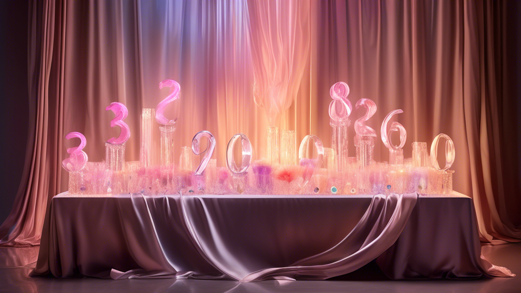 An array of luminous crystal objects elegantly arranged on a silk-draped table, under a soft, romantic light, each tagged with milestone anniversary numbers.